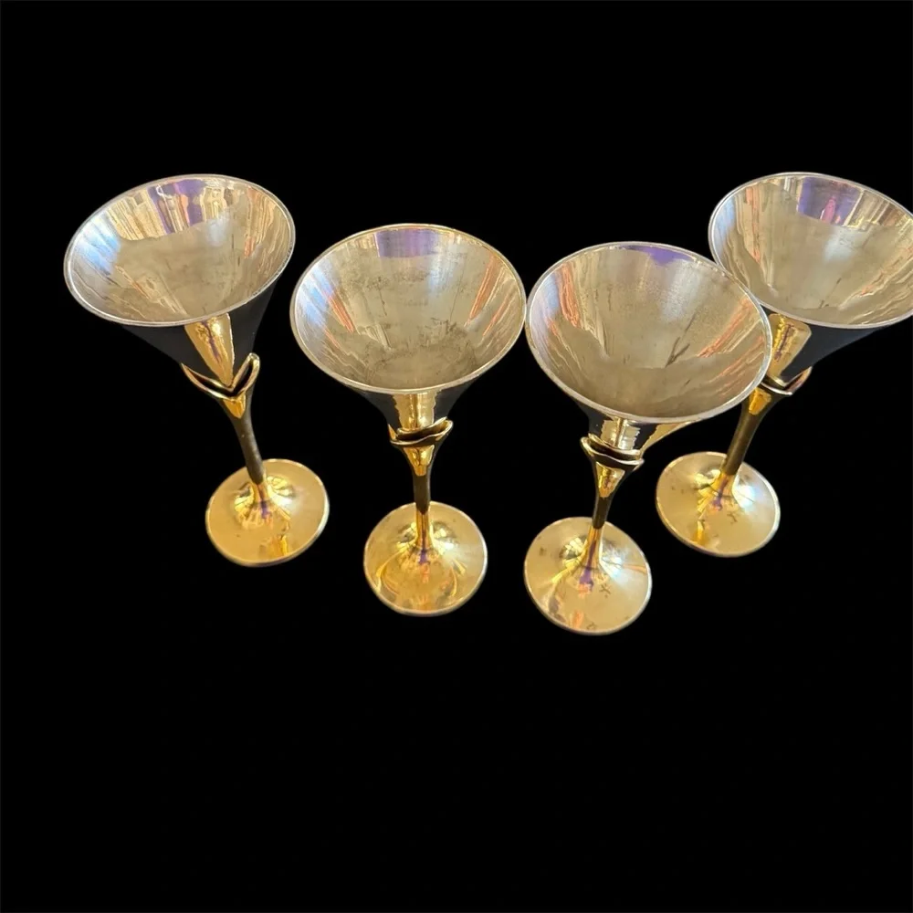 4 Wine goblets Silver Plate, brass stems. Vintage sculptural mid century modern